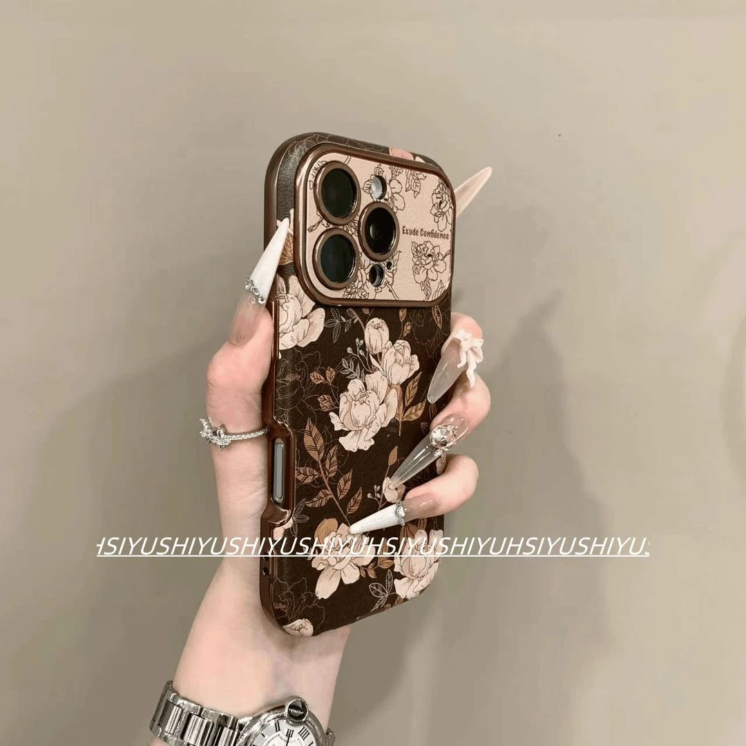 复古棕油画立体花朵适用苹果16promax大视窗手机壳iphone17新款15