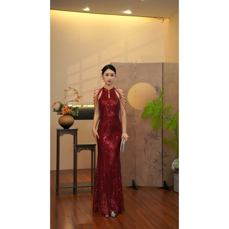 3247轻奢复古优雅红色礼服设计感长裙连衣裙