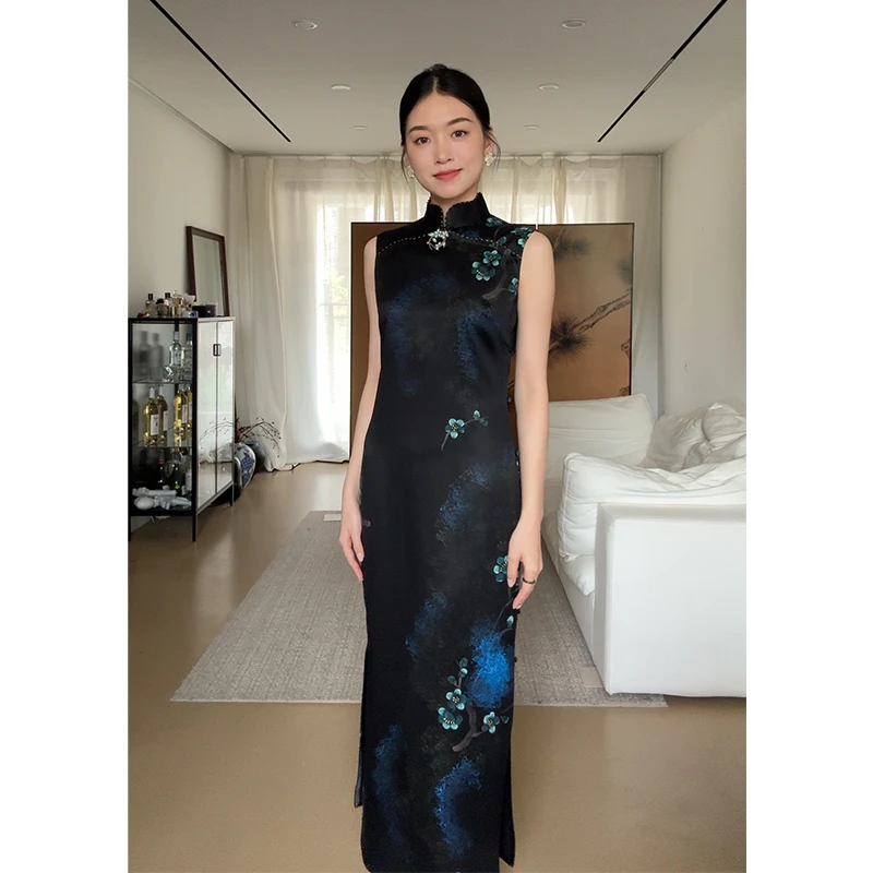 勾丝-【花满枝H】良辰媄锦桑蚕丝香云纱全开襟古法旗袍衣长约130CM