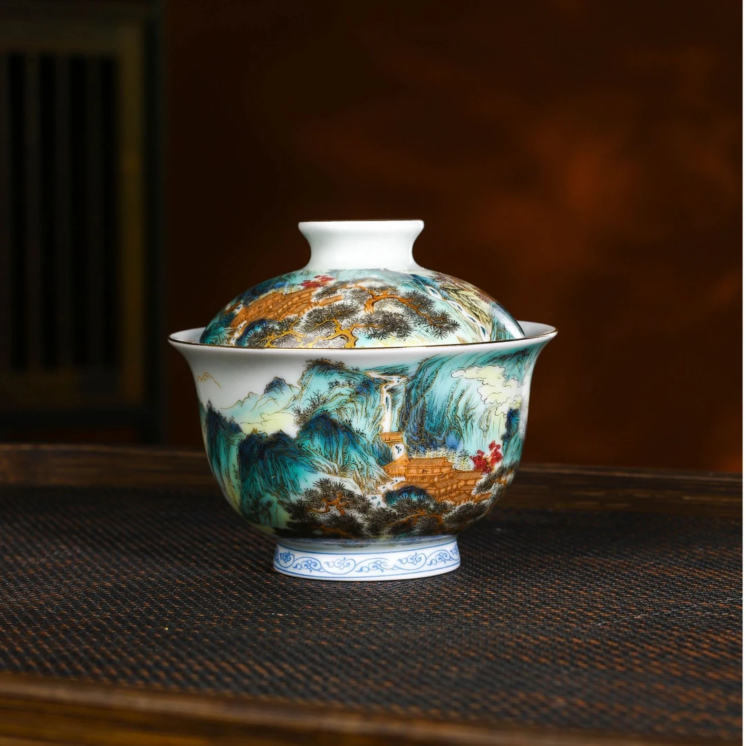 景德镇陶瓷 锦绣山河图山居图二才盖碗高温粉彩珐琅彩手工茶具
