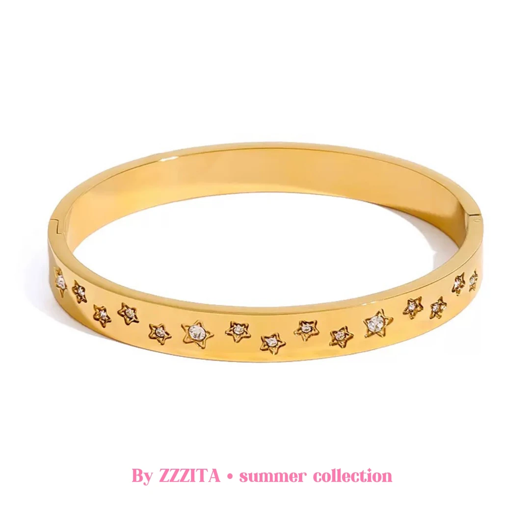 钛钢合成锆石手镯 Rule Breaker·中古辣妹～Ins闪钻五角星宽面手镯