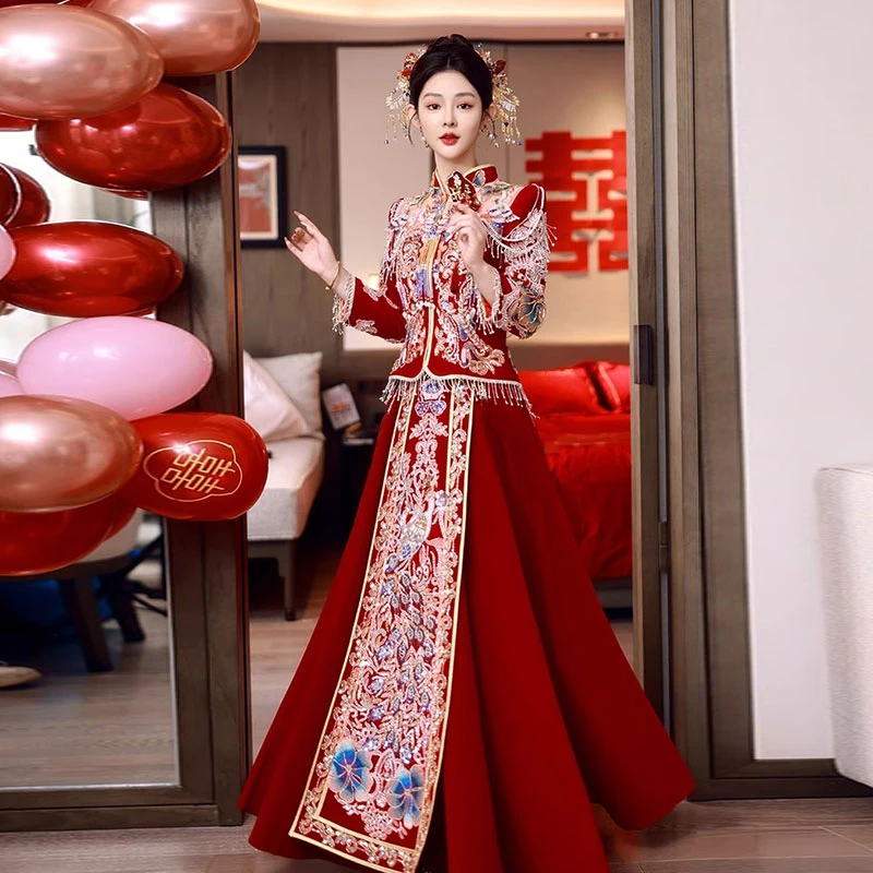 秀禾服婚服2025新款结婚嫁衣新娘高定显瘦丝绒嫁衣出阁龙凤褂婚纱