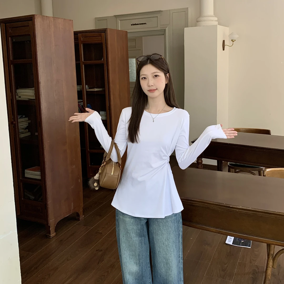 胖MM不规则设计感褶皱中长款T恤秋季大码遮肉显瘦百搭长袖上衣女