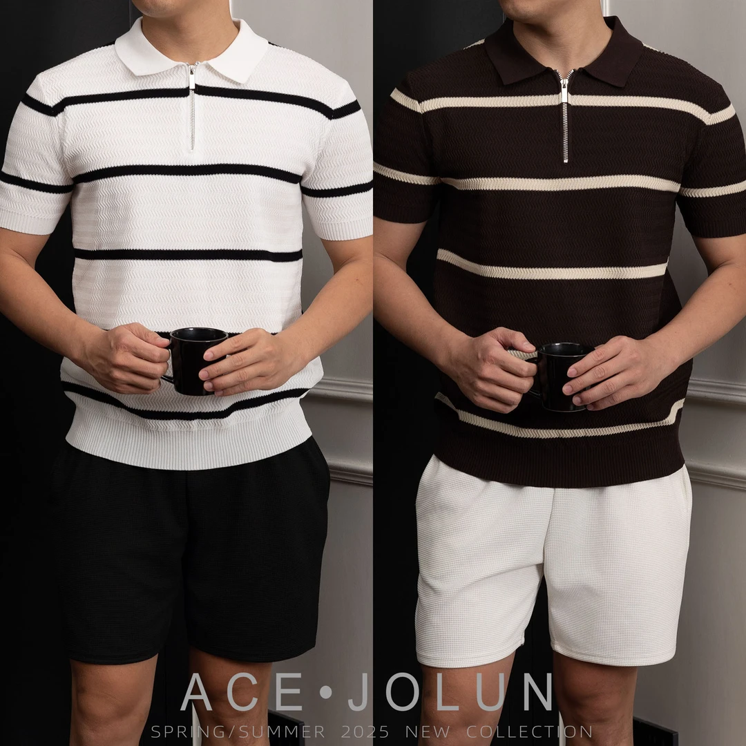 【拉链条纹】夏季天丝凉感复古针织衫男士POLO短袖轻熟风透气T恤