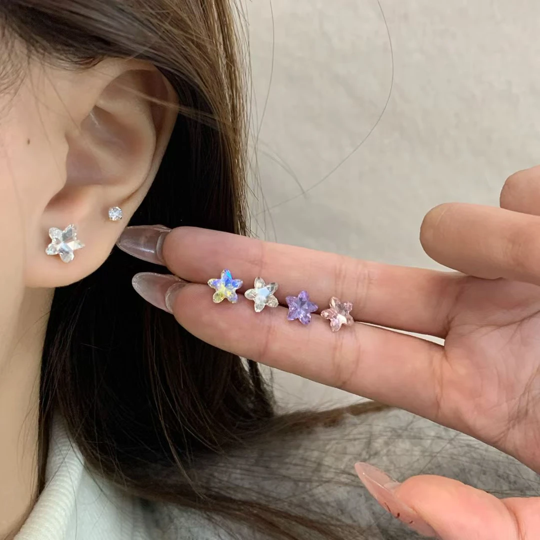 钛钢仿水晶耳饰 爆闪五角星耳钉平底螺纹睡觉免摘钛钢迷你耳骨钉