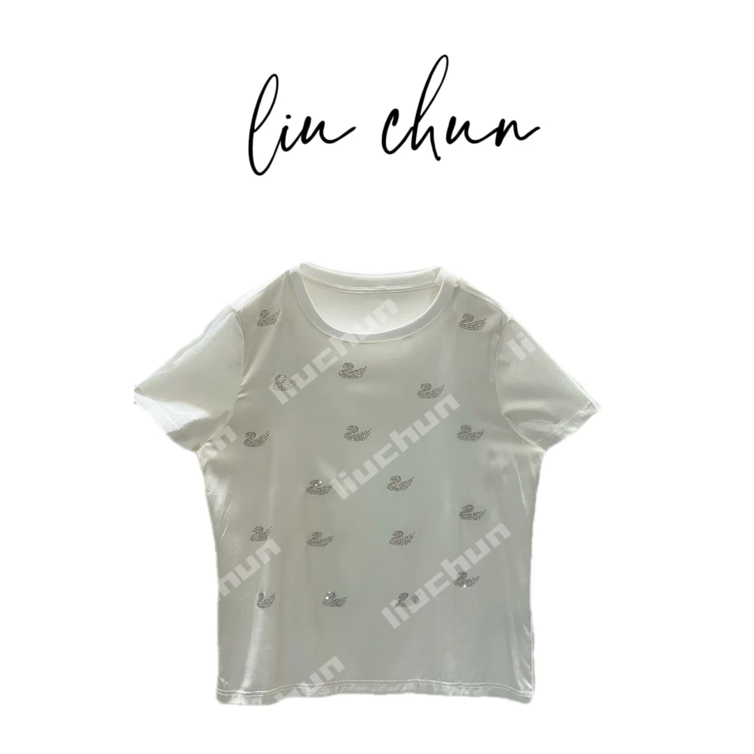 《CHUN》烫钻白天鹅AB面桑蚕丝T恤