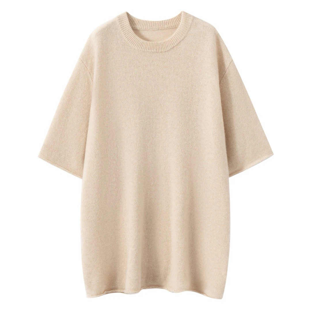 ROW风 100%山羊绒衫圆领卷边七分袖中长款过臀宽松慵懒风上衣短袖