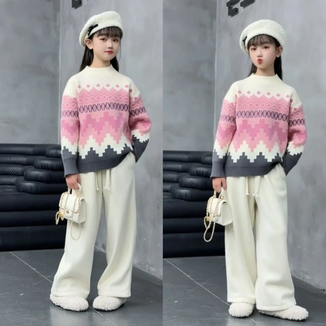 2025新款女孩冬装套头针织衫中大童菱形格毛衣云朵加绒阔题裤套装