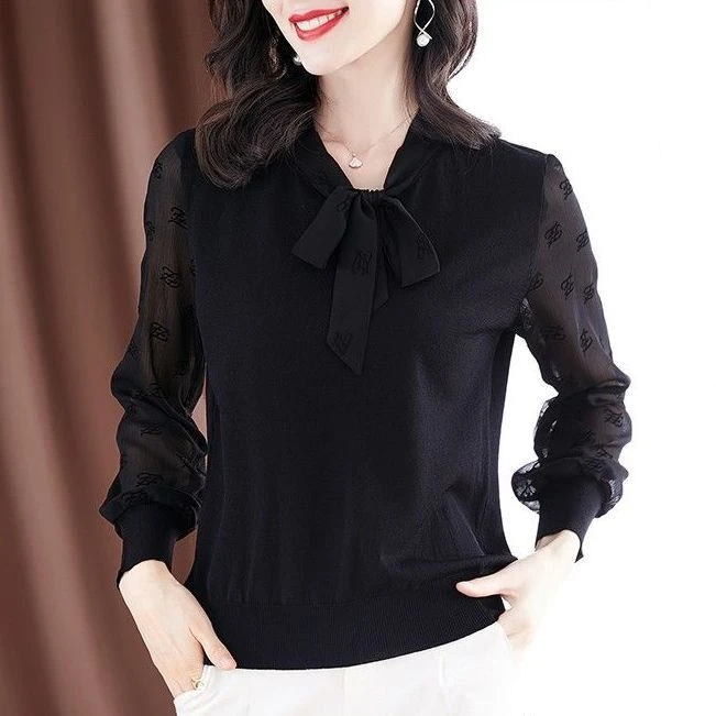 蝴蝶结针织女上衣2025秋冬新款宽松假两件拼接妈妈黑色长袖打底衫