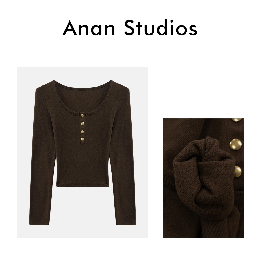 【no退no换】【夹心奶兔】纽扣U领单排扣修身显瘦磨毛上衣★231131