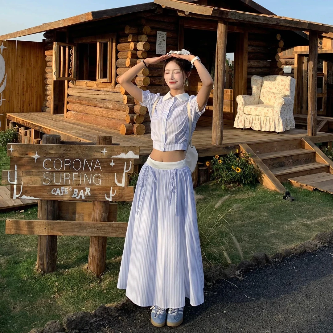 3MER 韩系蓝色条纹套装裙女夏法式茶歇衬衣半身长裙两件套