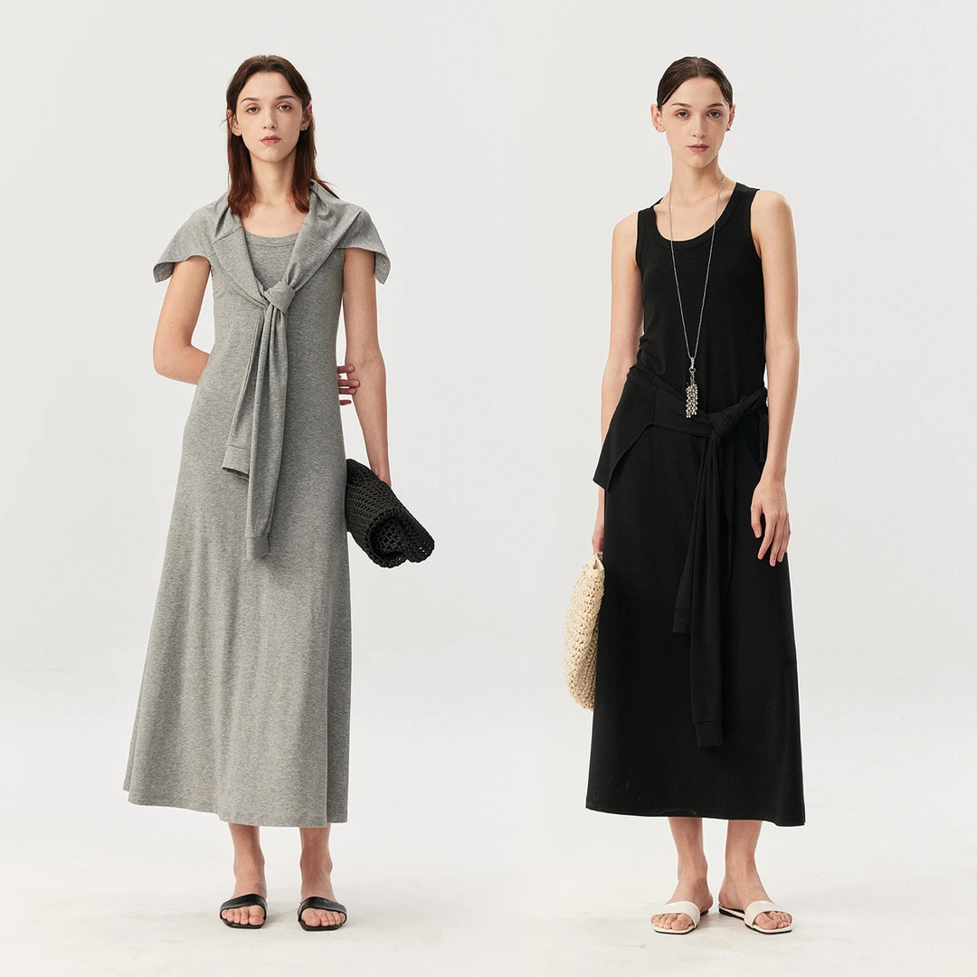 MARIUS“肯豆裙”夏季绑带收腰纯色无袖连衣裙气质时尚