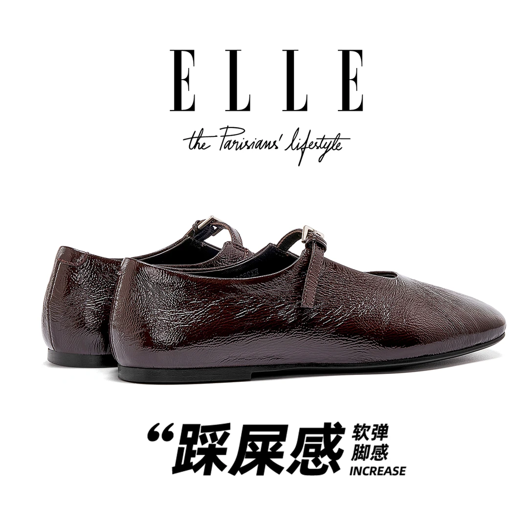 ELLE芭蕾风玛丽珍鞋女2025新款平底单鞋法式复古小皮鞋方头奶奶鞋