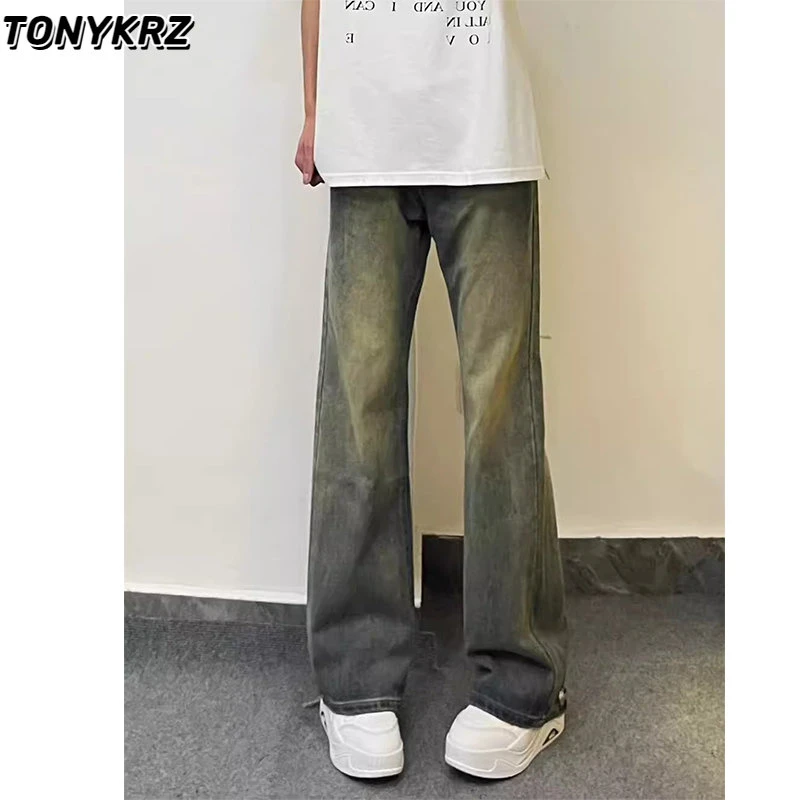 TONYKRZ美式复古深蓝弯刀高街微喇裤子男高街直筒水洗做旧牛仔裤