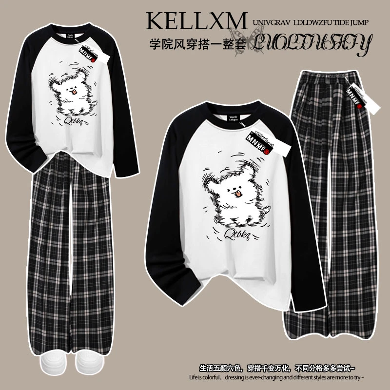 可爱卡通小狗印花女童早秋新款插肩长袖t恤格子裤套装休闲两件套