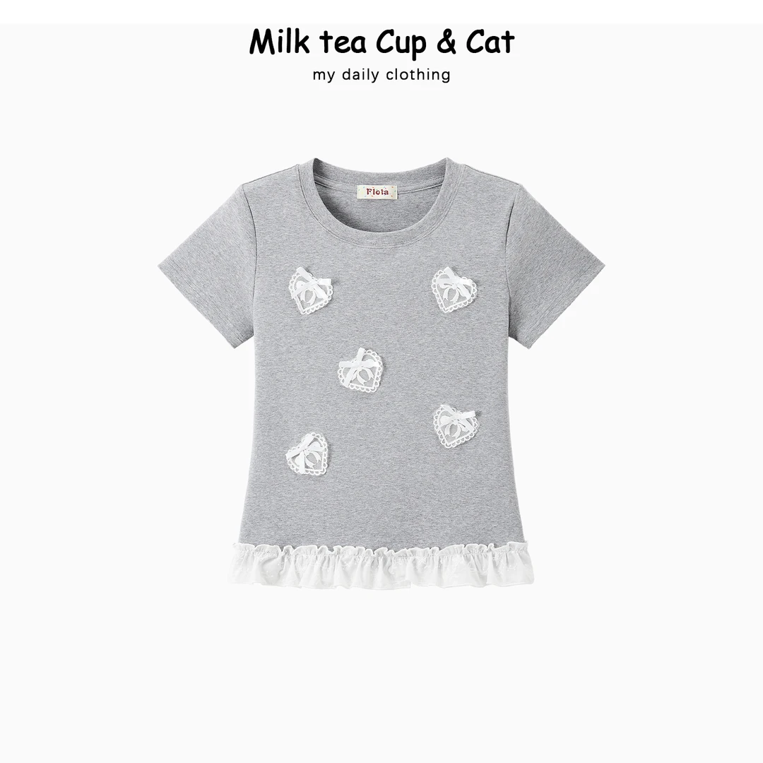 【现货】气质爱心蝴蝶结蕾丝拼接减龄百搭圆领正肩修身短袖T恤上衣