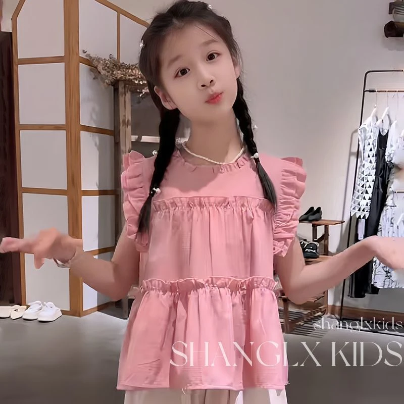 女童套装2025夏装新款儿童韩系简约洋气休闲飞袖韩版九分裤两件套