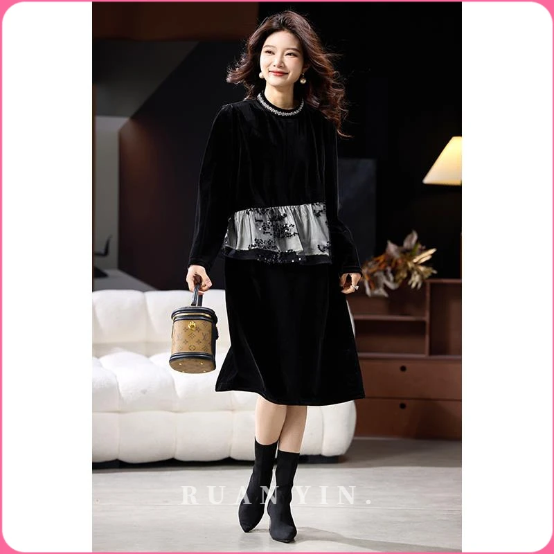 阮音时尚钉钻黑色丝绒连衣裙女2025年春季新款欧洲站大码气质长裙