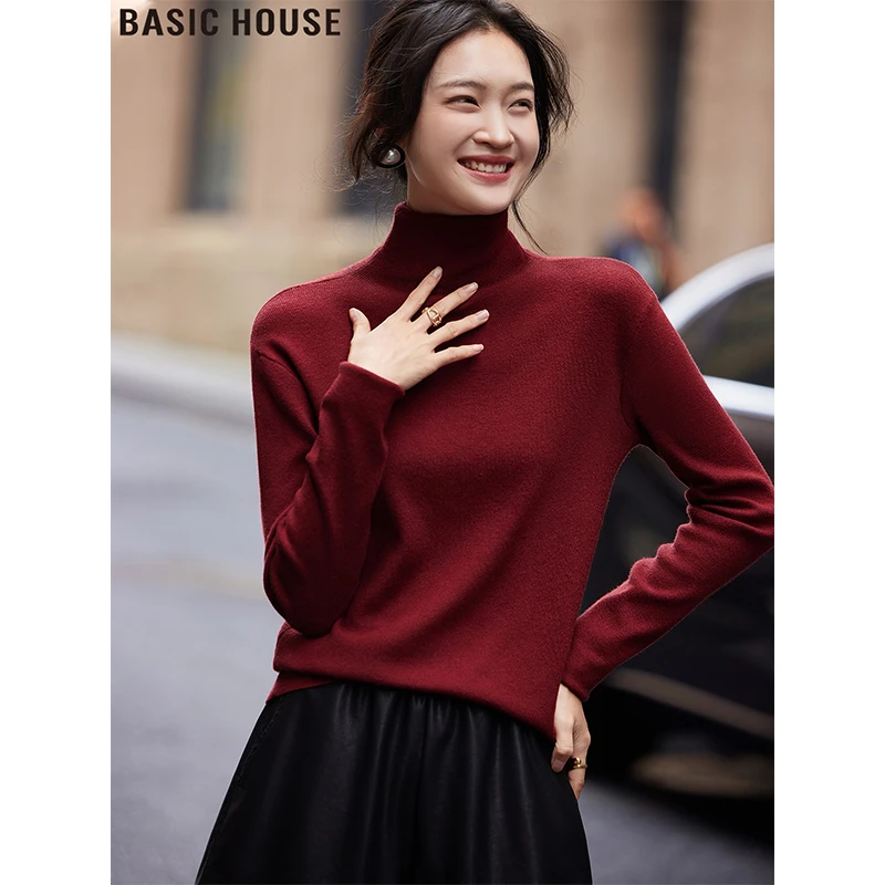 Basic House/百家好红色高领长袖针织衫简约高级感毛衣女2025秋冬