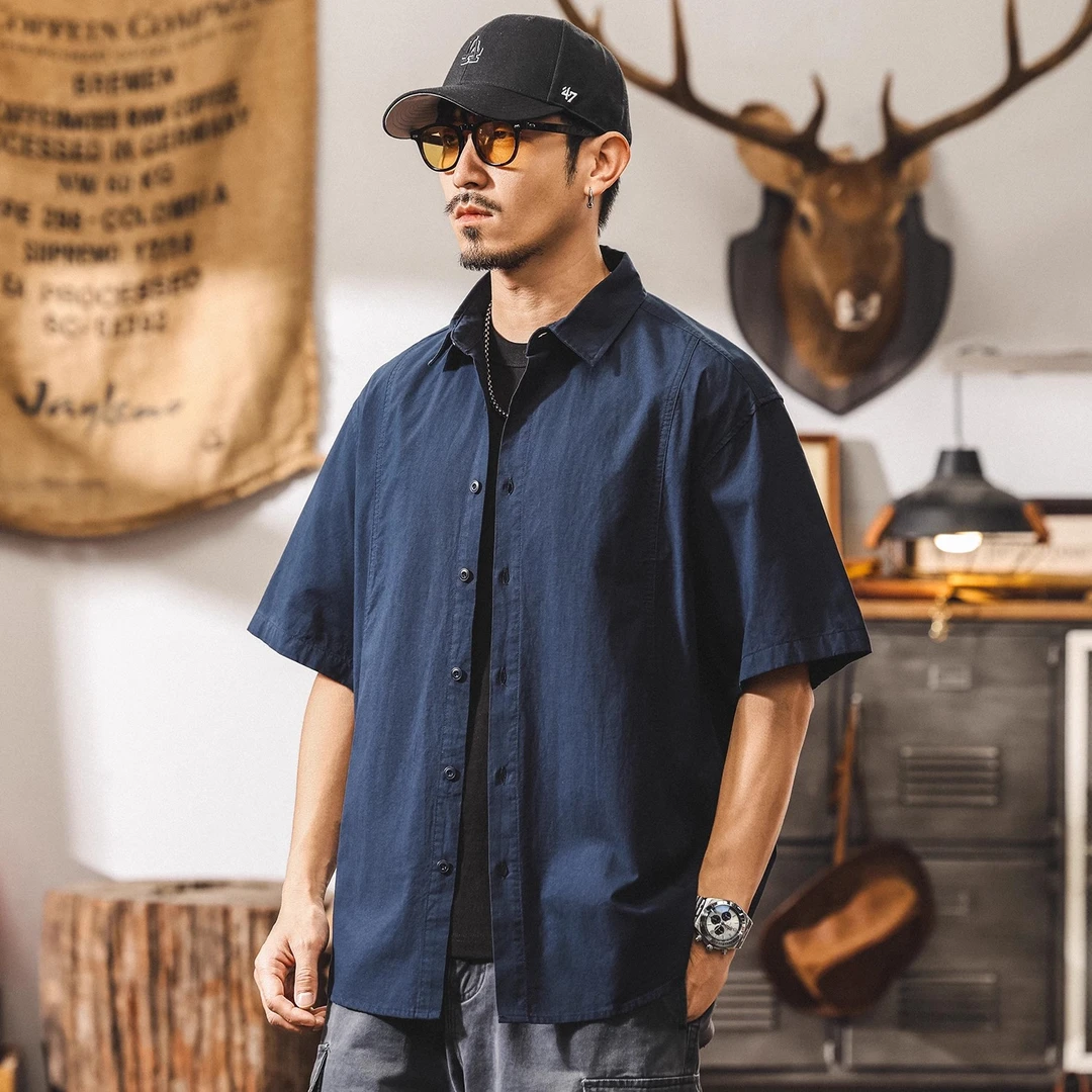 美式复古纯棉衬衫男士短袖夏季2025新款潮牌宽松休闲半袖男款衬衣