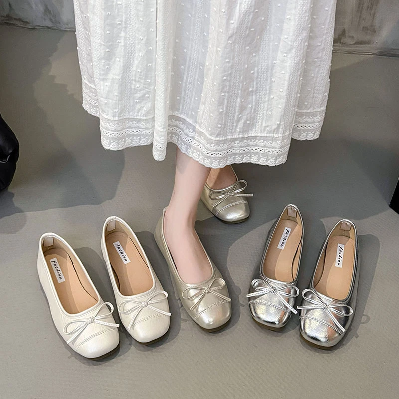 法式蝴蝶结圆头芭蕾舞鞋仙女鞋平底温柔晚晚鞋夏季新款女士小单鞋