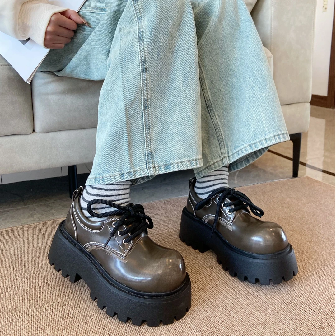 欧洲站厚底牛皮乐福鞋女2025新款大头系带松糕鞋英伦风小皮鞋潮鞋