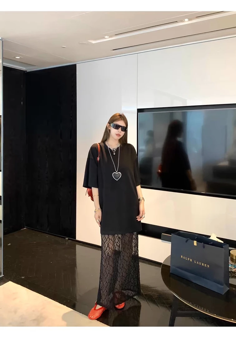 大码胖mm蕾丝拼接圆领连衣裙女夏短袖真两件裙子设计感宽松长裙