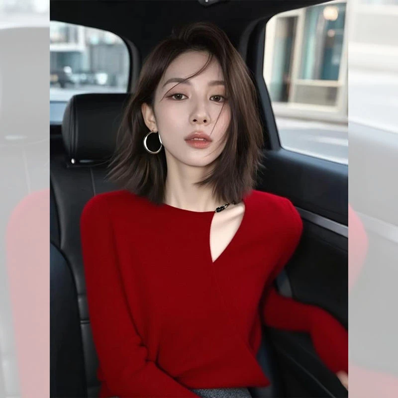 2025秋季高级感慵懒风独特别致绝美设计感小众不撞款红色针织衫女
