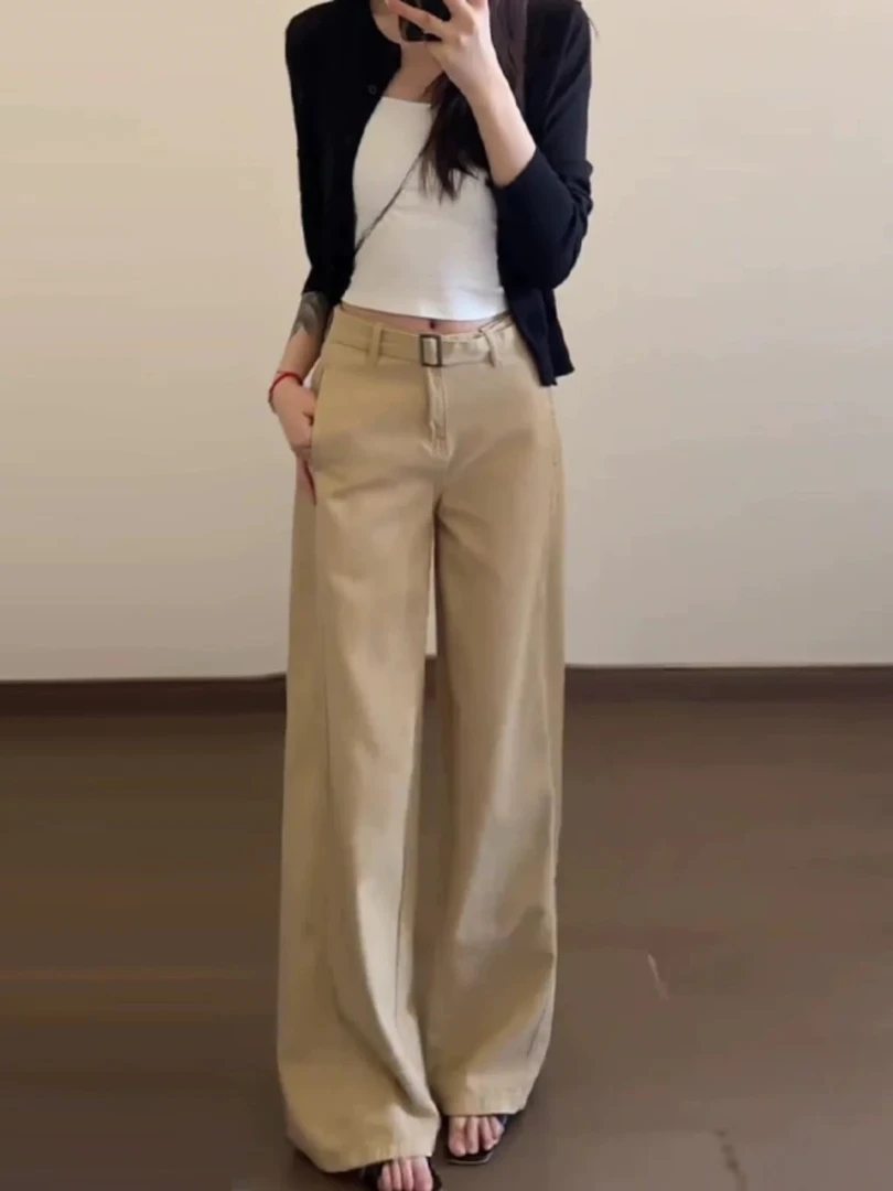 卡其色牛仔裤女2025新款慵懒松弛感高腰显瘦垂感宽松阔腿裤子春秋