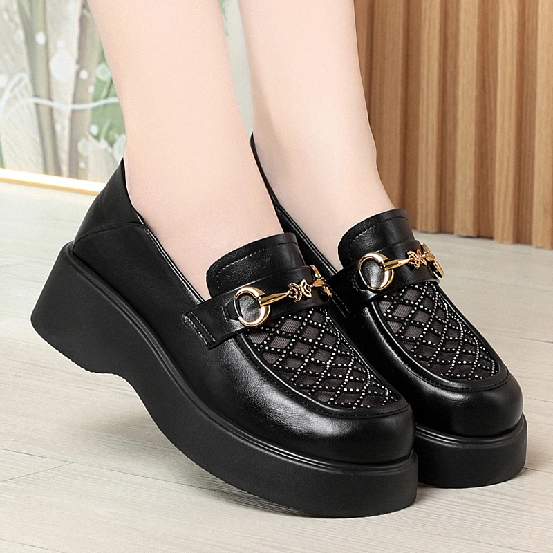 软底透气乐福鞋女夏季新款网纱女鞋时尚休闲单鞋中年女式皮鞋