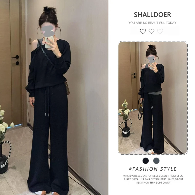 2025年秋季新款斜肩假两件卫衣+休闲阔腿裤套装女士轻熟风两件套