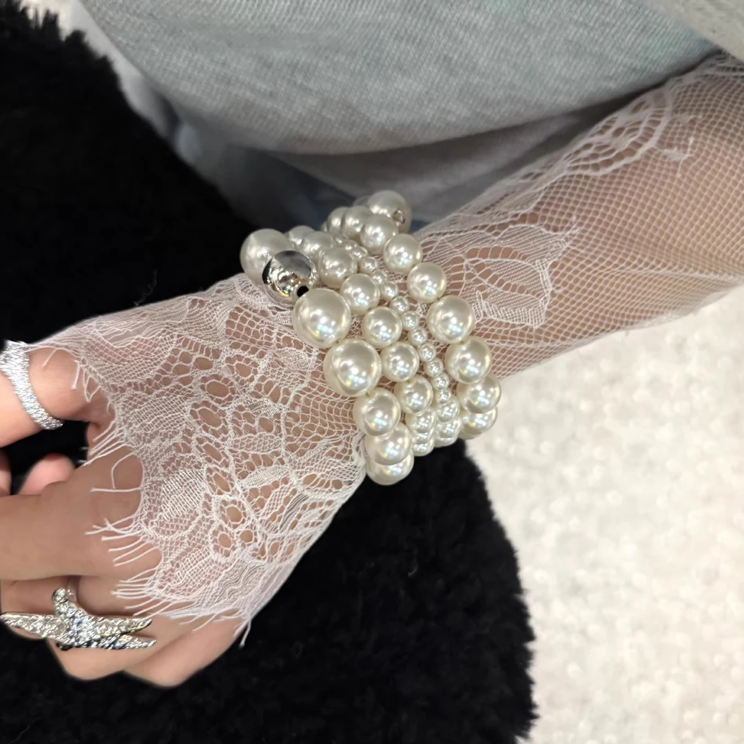 铜合金仿珍珠手链 法式多层缠绕串珠手链高级感手串优雅手镯手饰