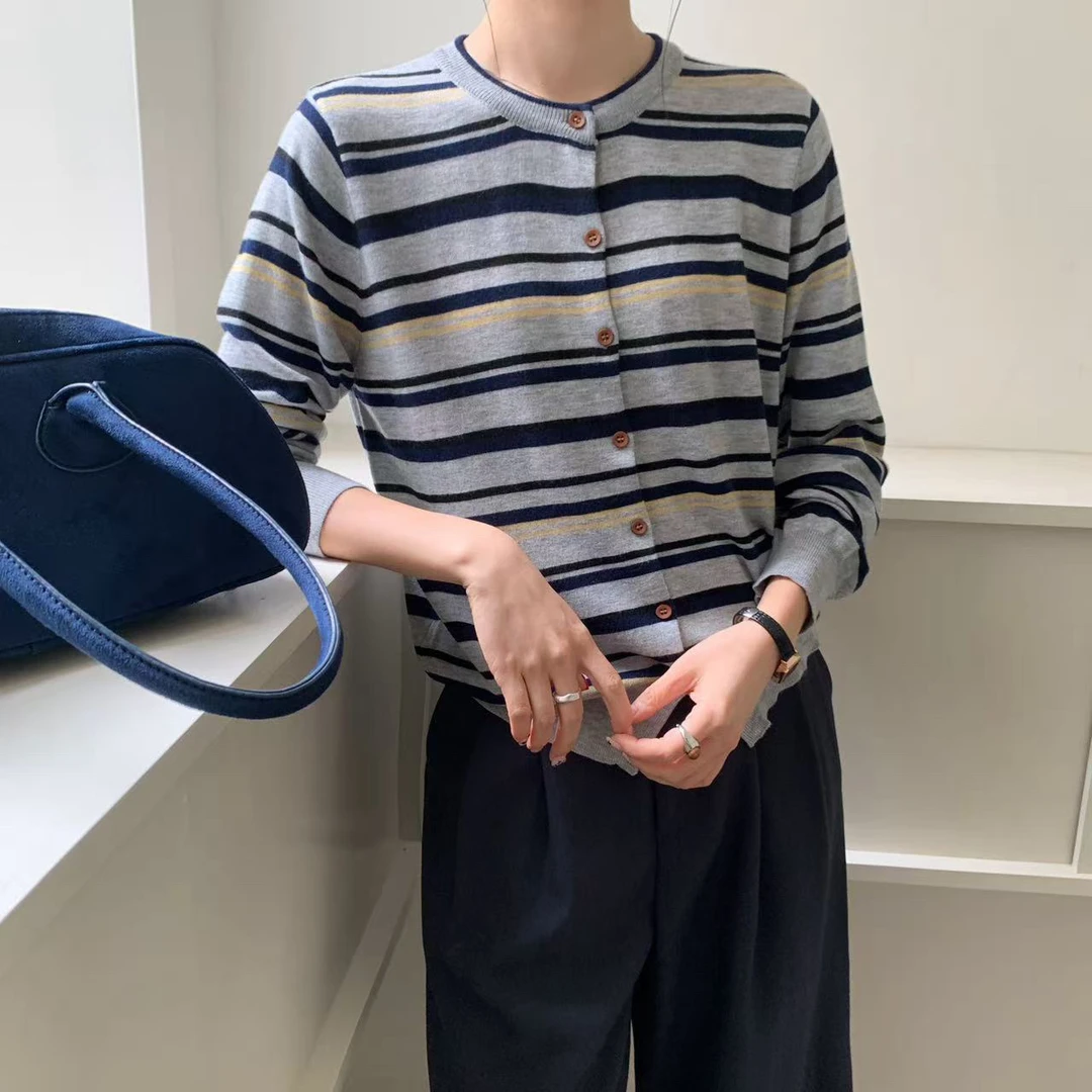 DI JIE春秋小鹿条纹刺绣单排扣宽松开衫软糯毛衣圆领针织衫2595