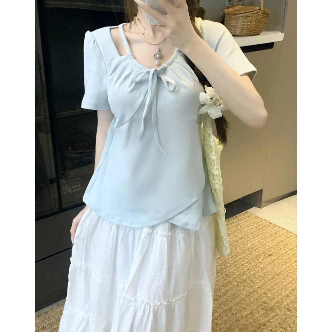 大码胖mm夏季2025欧若风新款洋气减龄设计感镂空纯欲短袖上衣女