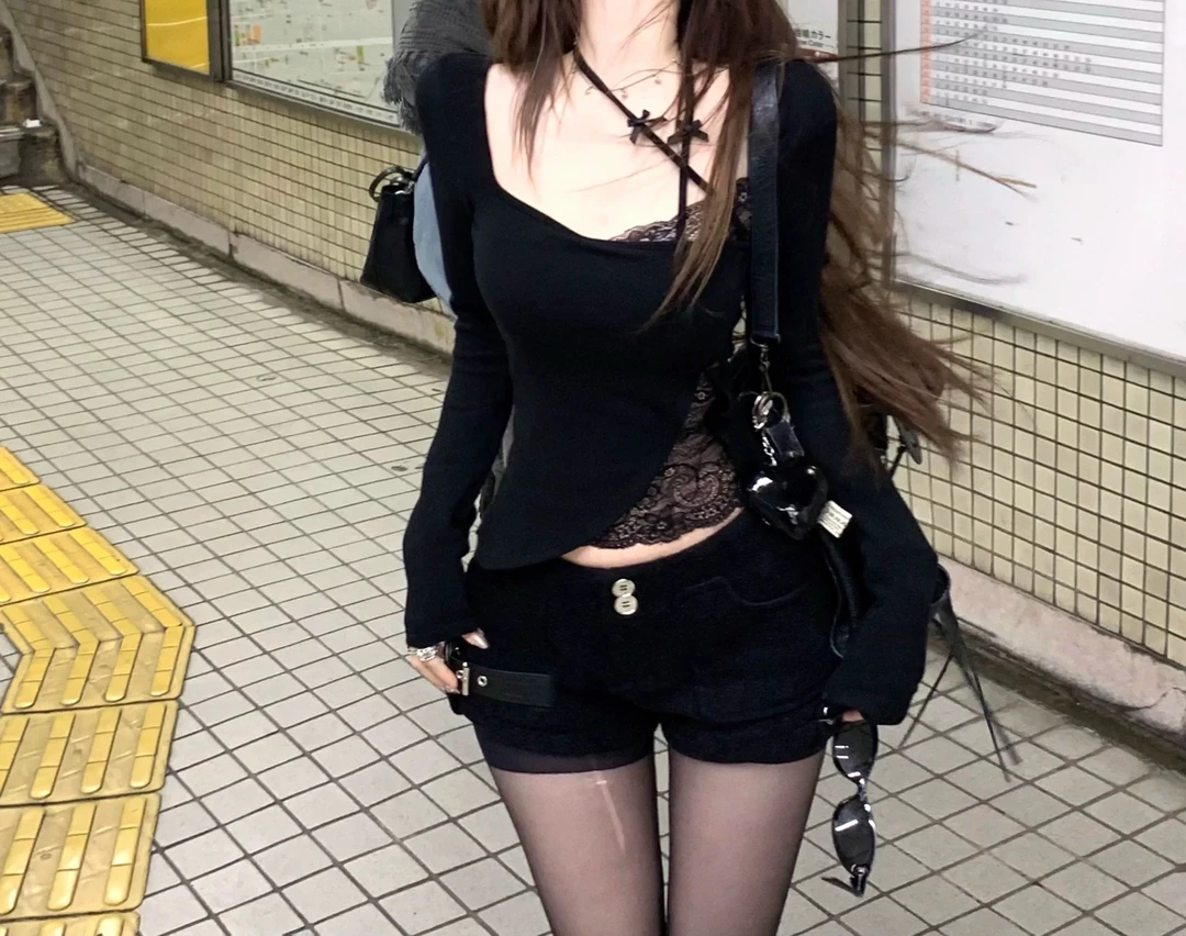 【大碗】纯欲辣妹方领挂脖上衣早春假两件长袖t恤蕾丝打底衫内搭