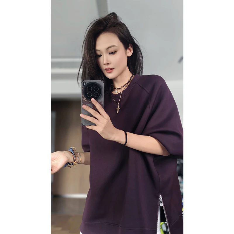 美洋MEIYANG 大葡萄卫衣空气层宽松侧拉链插肩显瘦休闲上衣