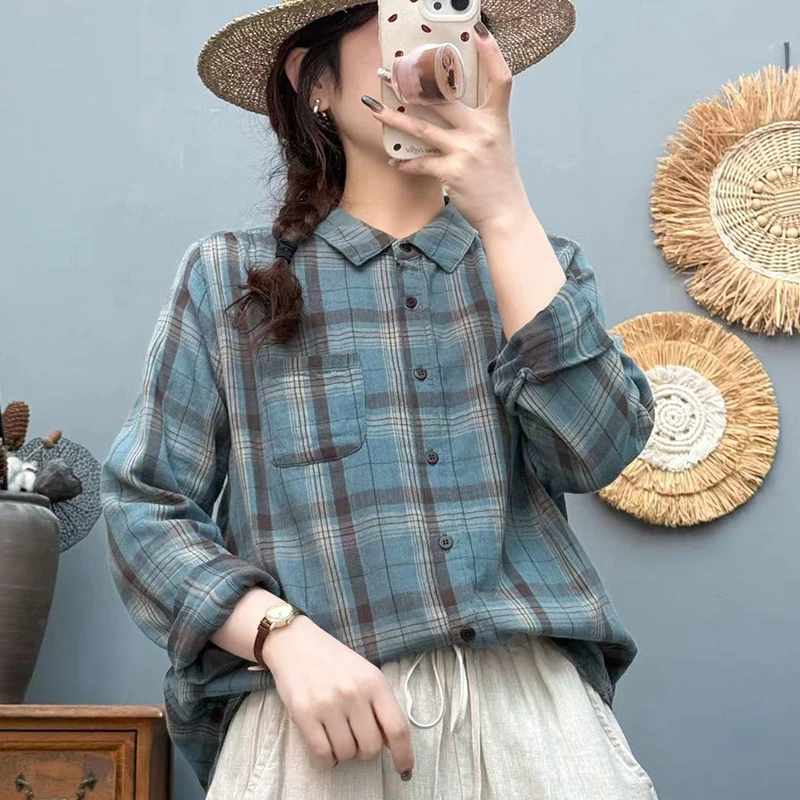 双层棉纱减龄衬衫2025春秋装长袖衬衣气质格子衬衫大码女上衣8617