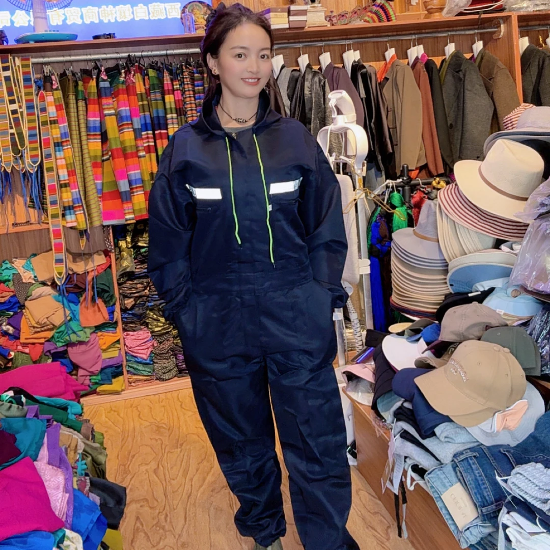 秋收时尚中腰工装制服工装宽松拉链黑色连体户外工厂车间