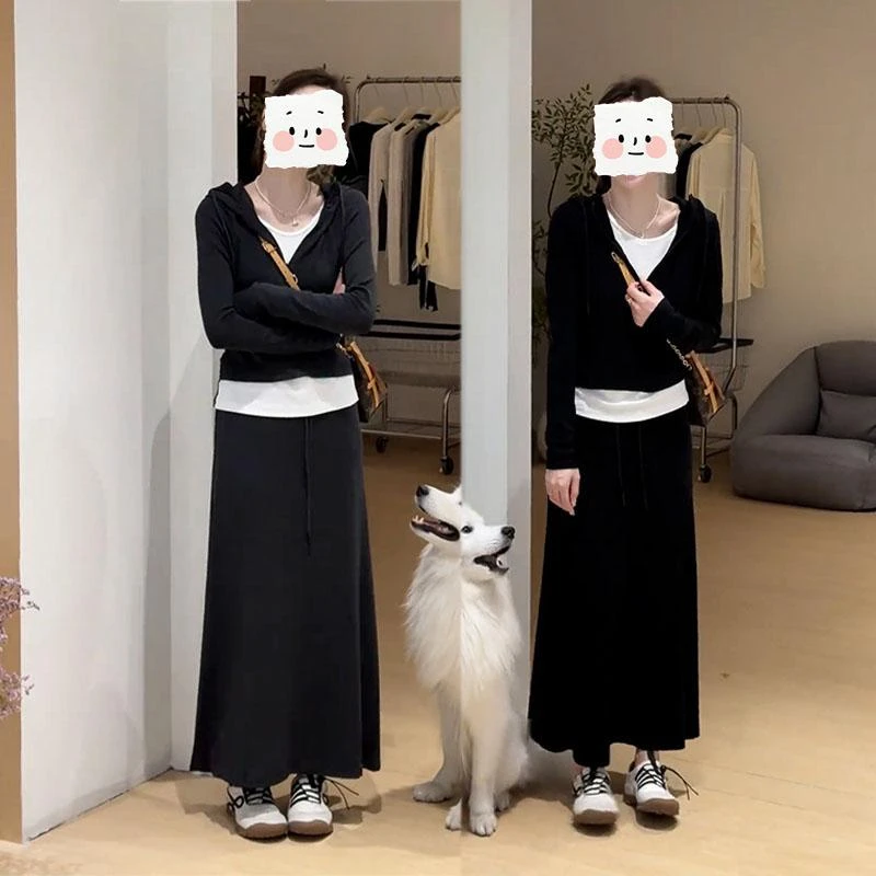 早秋减龄一整套穿搭女2025新款韩版假两件帽衫T恤高腰半身裙套装
