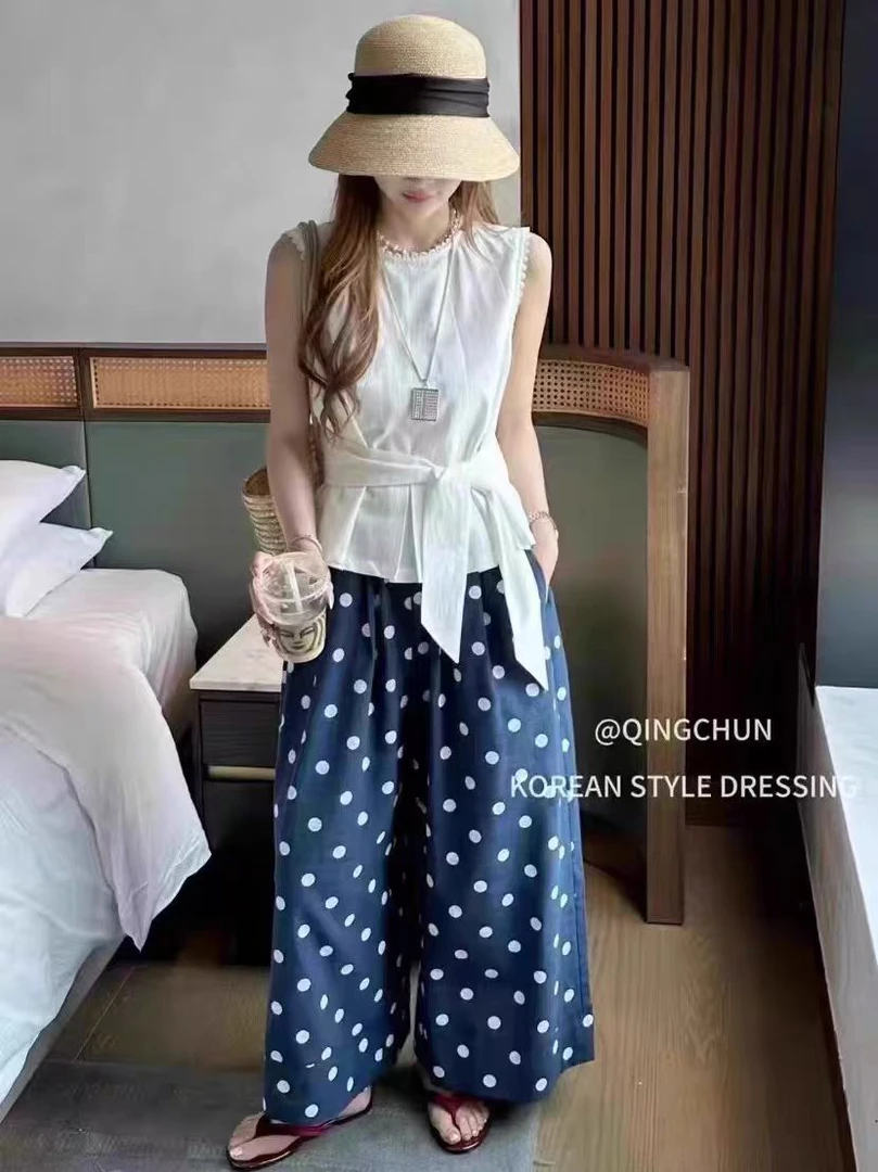 韩系花边无袖波点衬衫上衣+直筒阔腿裤时尚套装女减龄气质两件套