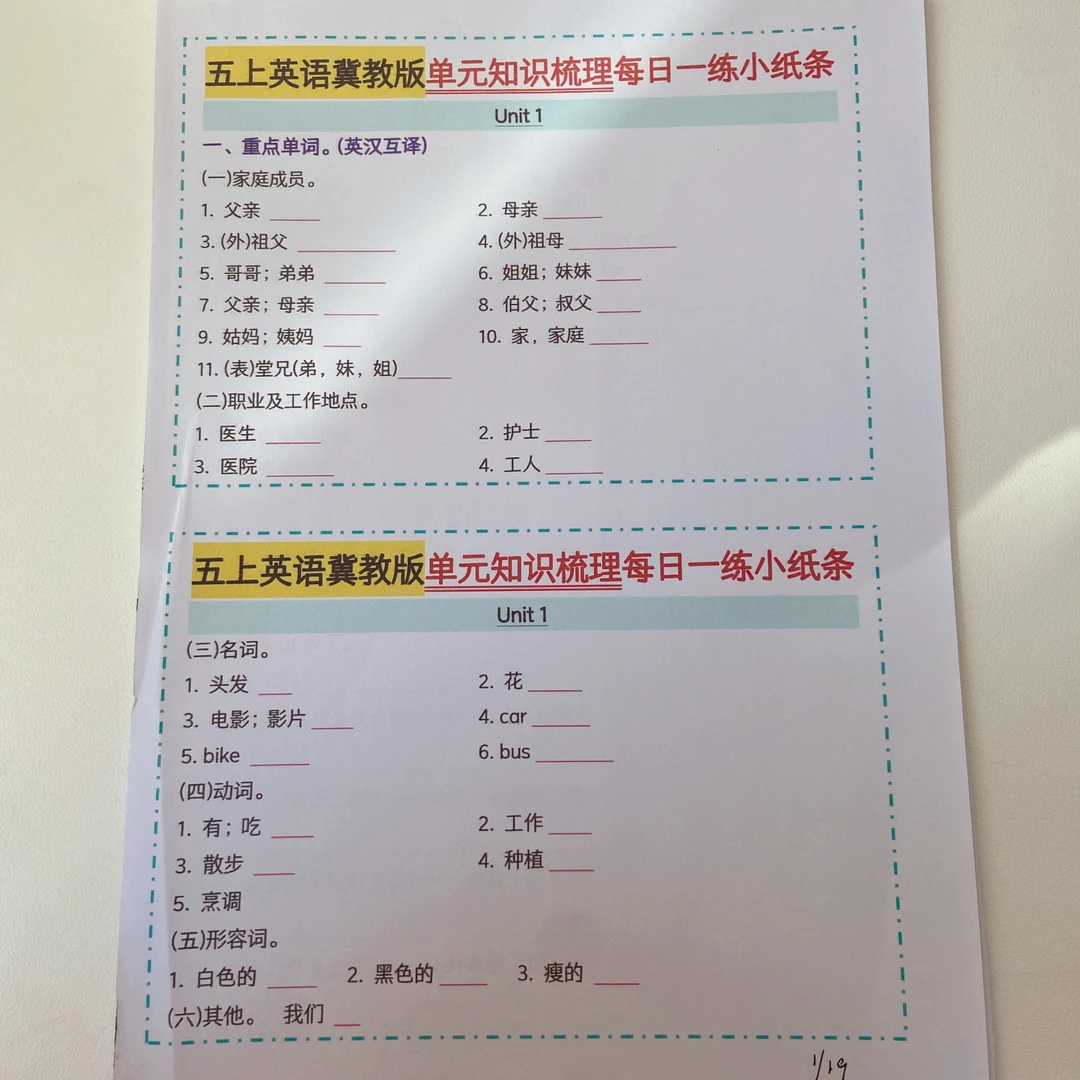 2025新版五上冀教版英语单元知识梳理每日一练小纸条（空白）无答案