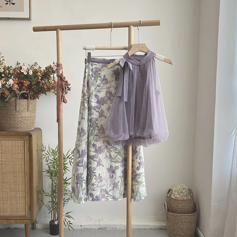 3637《繁华紫鸢》原创法式紫色网纱挂脖上衣鸢尾半裙套装