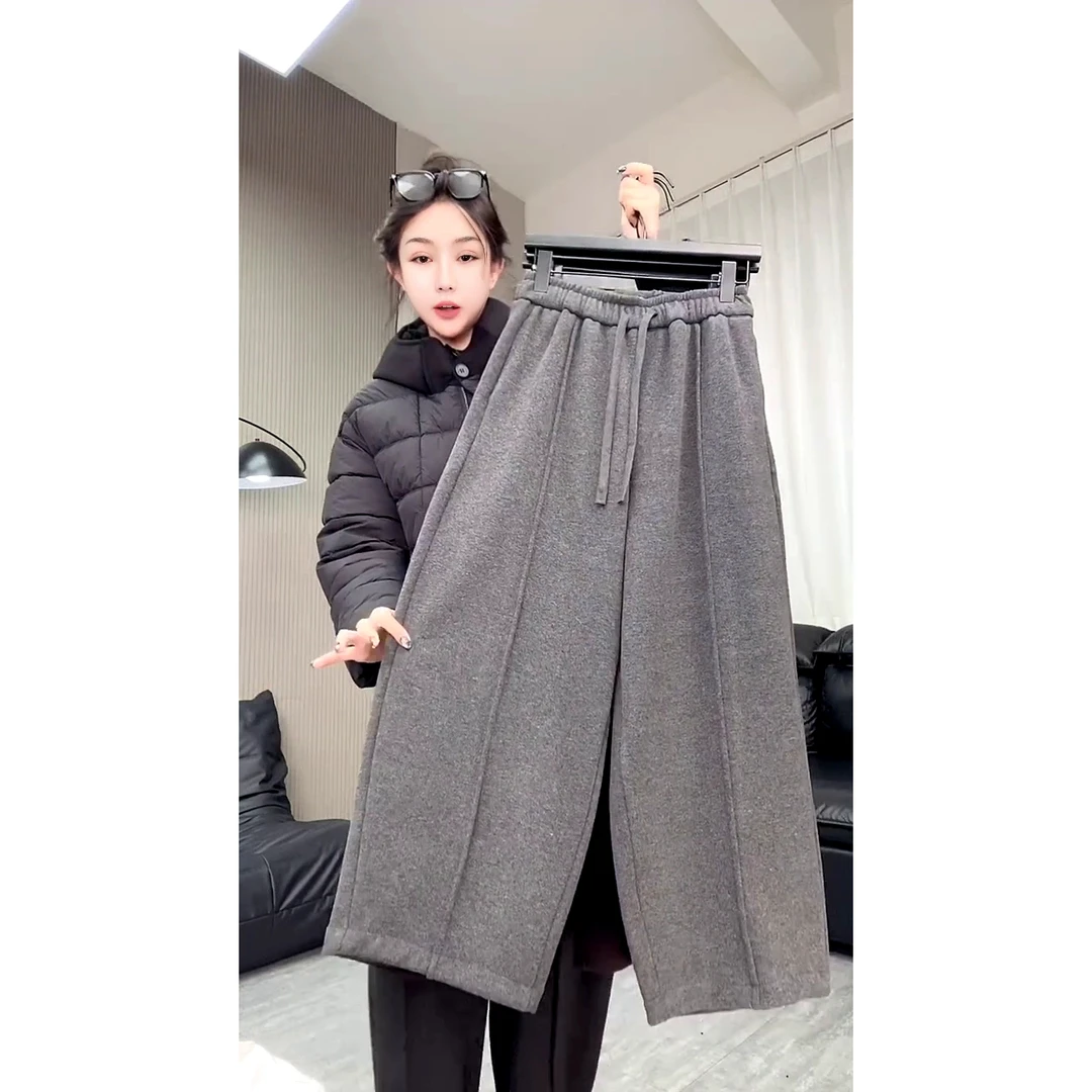 加厚绒压线阔腿款直筒裤2025年秋冬欧货休闲裤子女款