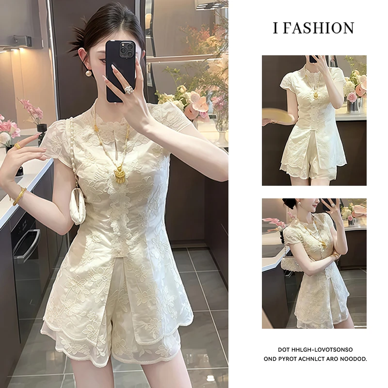 新中式气质绣花套装女2025夏季新款小个子国风收腰上衣短裤两件套