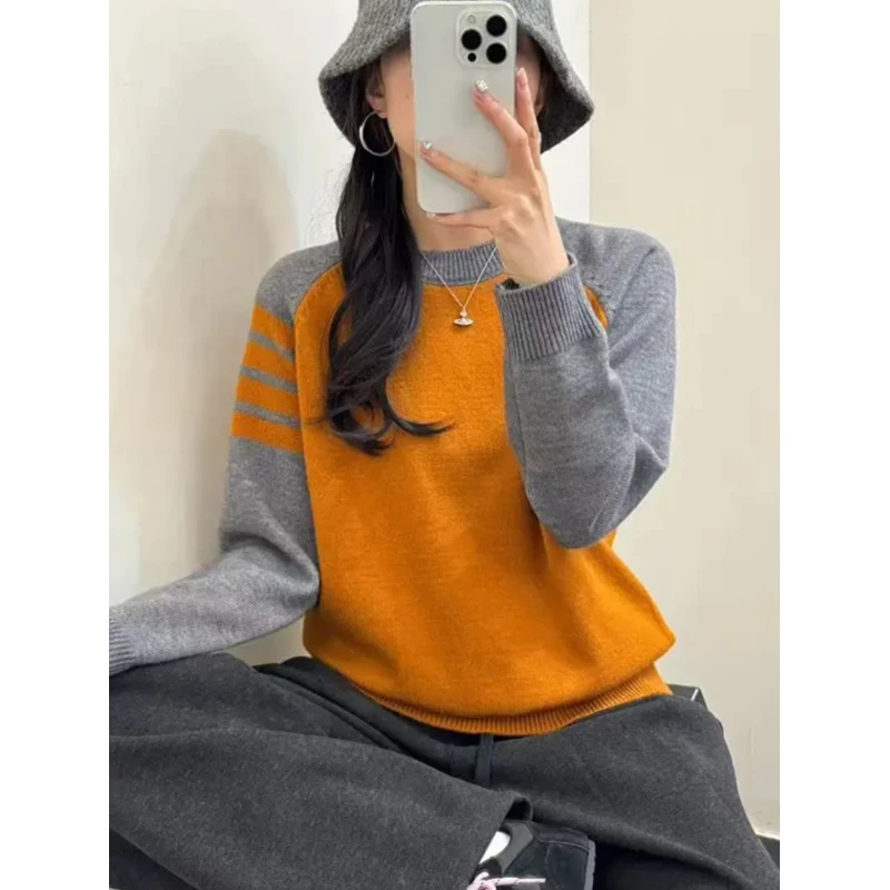 精品~亲肤显瘦-重工加厚橙条纹软糯套头针织A632