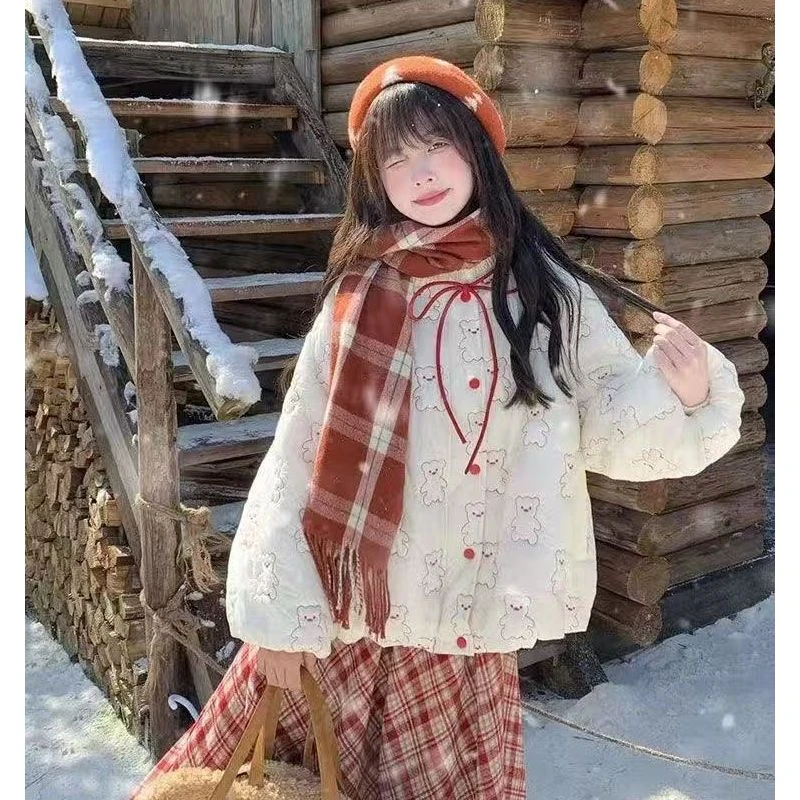 【甜妹小熊】冬新款高腰格纹半身裙复古加厚保暖小熊棉衣棉服套装