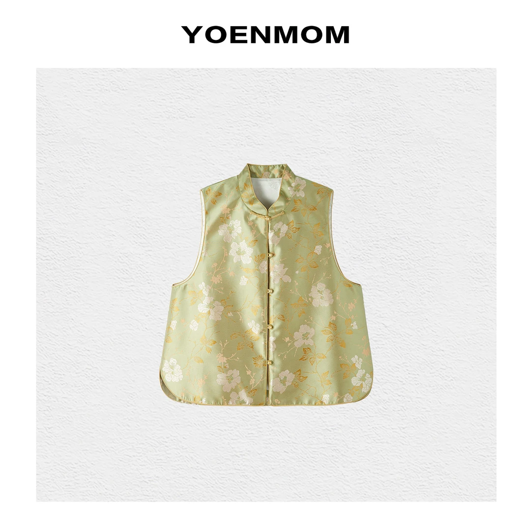 YOENMOM·寻花者·春季新品 国风蚕丝织锦缎春日清新配色立领马甲