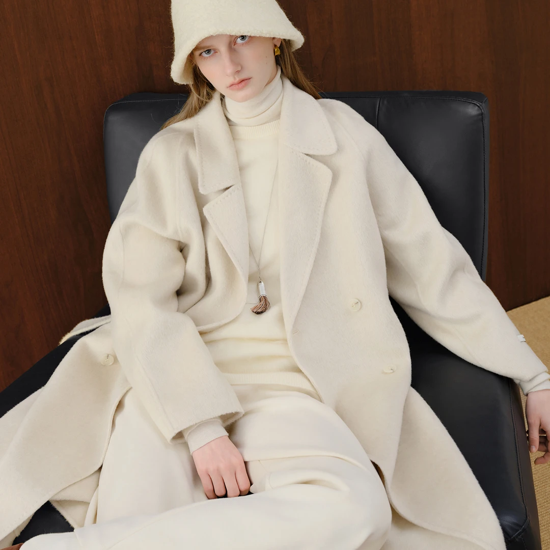 自巧巧制STUDIO 小个子白色驼绒羊毛大衣双面呢外套25ZQ94011