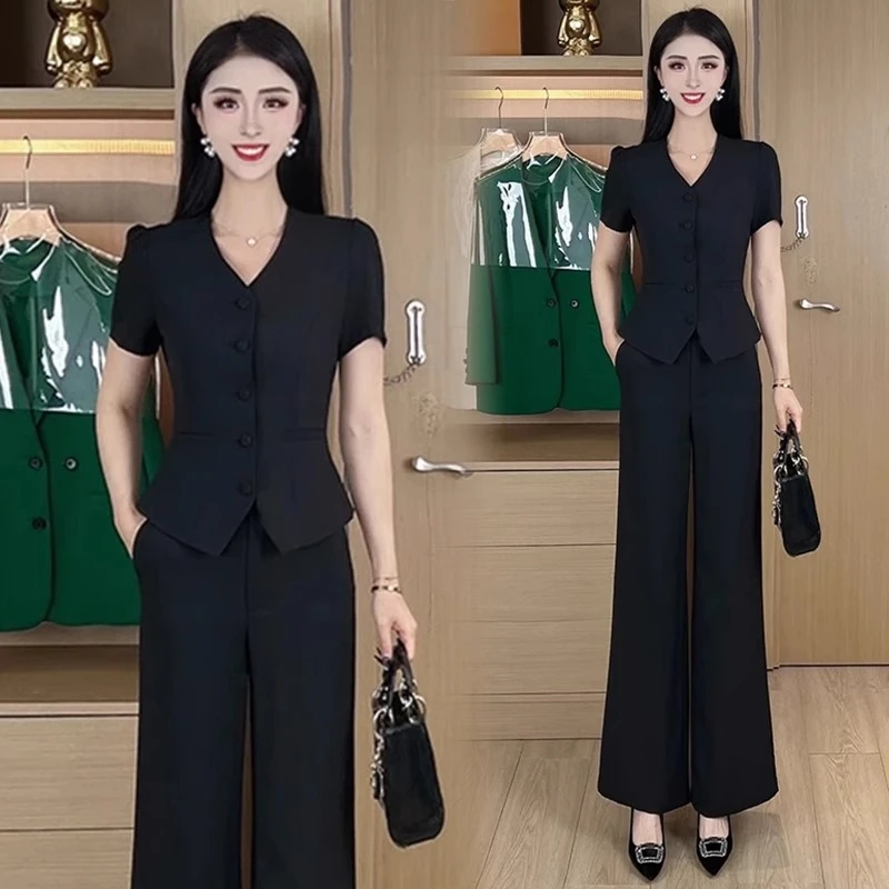 时尚西装套装女2025夏季新款洋气质显瘦V领短款外套阔腿裤两件套