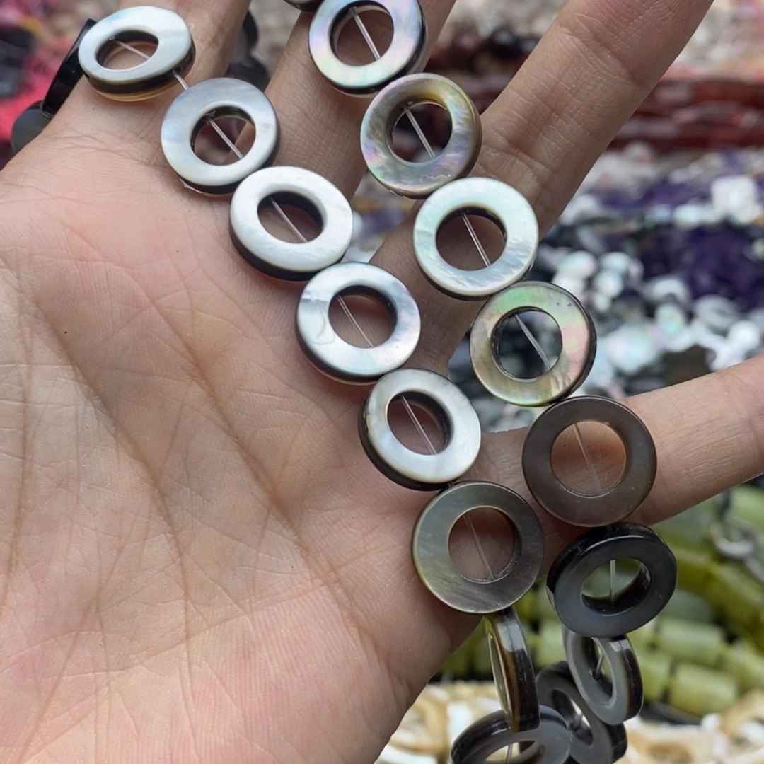 玛瑙/玉髓未镶嵌珠宝半成品六个黑蝶贝包珠圈8×15mm天然